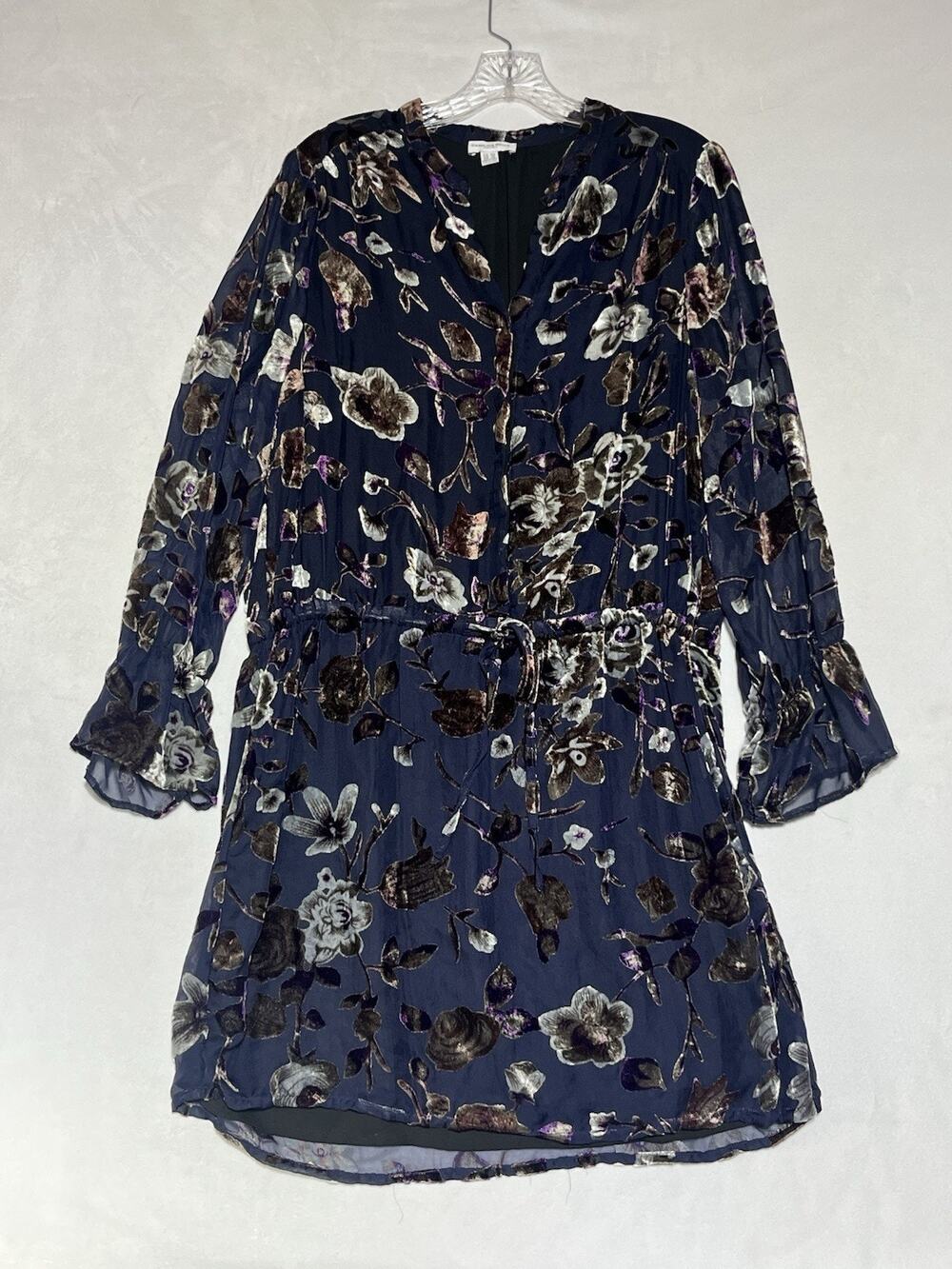 Velvet Burnout Dress 12 Floral Navy Purple Cinch Waist Knee Length Flare Sleeve